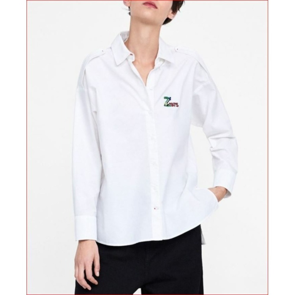 Zara Basic Collection White Cotton Denim Shirt Beaded Z 1975 XS 2753/235/250